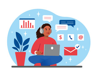 Poster - Concept of telecommuting. Girl with laptop works remotely on project, freelancer. Earnings on Internet and modern technologies. Comfortable workplace, analyst at home. Cartoon flat vector illustration
