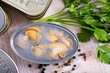Open tin can with sea clams in its own juice. High quality photo