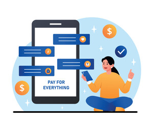 Poster - online payment concept. woman with smartphone in hands transfers funds. cashless payment and online 