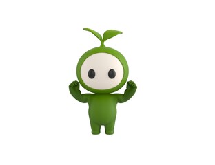 Poster - Leaf Mascot character raising two fists in 3d rendering.