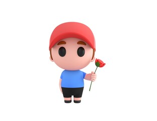 Wall Mural - Little Boy wearing Red Cap character holding flower in 3d rendering.