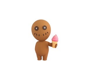 Wall Mural - Little Voodoo Doll character holding strawberry ice cream cone in 3d rendering.