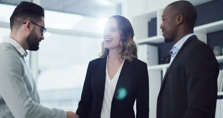 Canvas Print - Welcome greeting or thank you handshake of a female manager meeting clients. Team of business professionals after a successful team collaboration deal. Group of office workers shaking hands inside