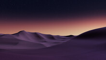Rolling Sand Dunes Form A Scenic Desert Landscape. Sunset Background With Warm Gradient Starry Sky.