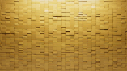 Yellow, Polished Mosaic Tiles arranged in the shape of a wall. 3D, Semigloss, Bricks stacked to create a Rectangular block background. 3D Render