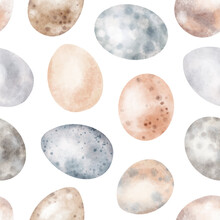 Watercolor Hand Drawn Easter Seamless Pattern With Delicate Illustration Of Different Bird Eggs, Hen, Quail Eggs. Beautiful Spring Elements Isolated On White Background. Holiday Natural Wallpaper.