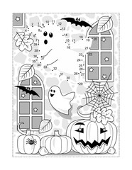 Wall Mural - Halloween ghosts dot-to-dot picture puzzle and coloring page with two playful ghosts in a castle ruin, pumpkins, bats, Jack-o-lantern.
