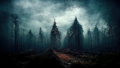 Realistic haunted forest spooky landscape at night. Fantasy Halloween forest background. Digital art.