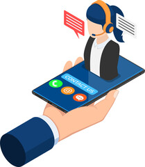 Wall Mural - Isometric businessman hand holding smartphone with female call center icon