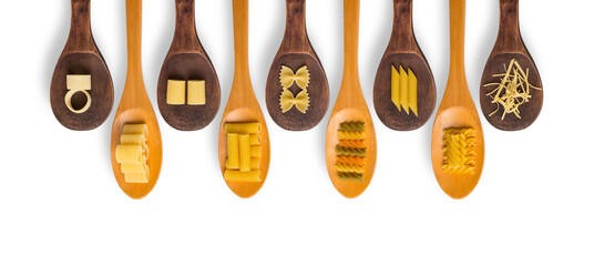 Poster - Wooden cooking spoons filled with various types dry pasta