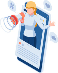 Wall Mural - Isometric Woman Use Megaphone Promote Her Social Media on Smartphone