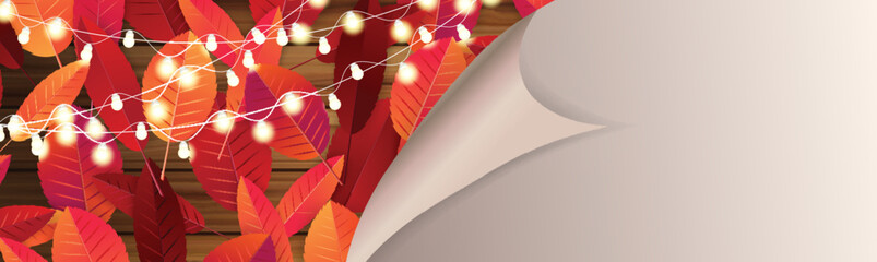 Wall Mural - Autumn banner with red and orange leaves. Fall season. Free empty space for text. Advertisement promo. Realistic vector illustration.