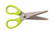 School scissors open, green handle isolated, transparent background. Kids safe tool. PNG