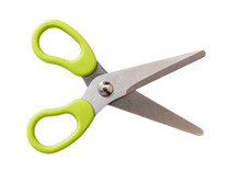 School Scissors Wide Open, Green Handle Isolated, Transparent Background. Kids Safe Tool. PNG