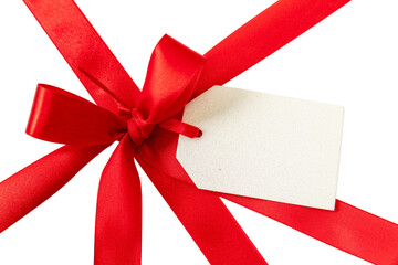 Wall Mural - gift red ribbon and bow with empty card isolated. christmas present satin decoration