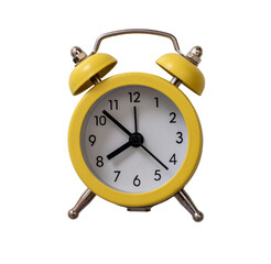 Alarm clock, yellow color isolated cutout, transparent background. Front view. PNG