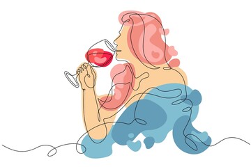 Wall Mural - One continuous line.A woman in a blue dress. Lady with a glass of wine in hand. Red wine. Abstract flat color illustration.