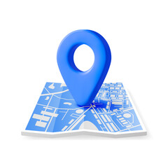 Poster - 3D Location Folded Paper Map and Pin Isolated. Blue GPS Pointer Marker Icon. GPS and Navigation Symbol. Element for Map, Social Media, Mobile Apps. Realistic Vector Illustration