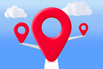 Poster - 3D Location Map Pin in Clouds. Red GPS Pointer Marker Icon. GPS and Navigation Symbol. Element for Map, Social Media, Mobile Apps. Realistic Vector Illustration