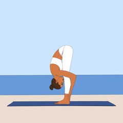 Wall Mural - Standing Forward Fold (Bend) / Uttanasana. Flexible standing woman doing practicing deep stretch yoga asana pose exercise on seascape background. Fashion illustration painting poster