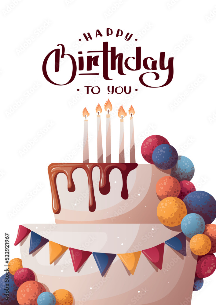 Birthday card with cake and candles. Handwritten lettering. Vector ...