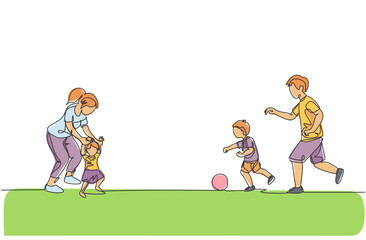 Wall Mural - One continuous line drawing of young father playing soccer with son while mother teaching daughter to walk at field. Happy family parenting concept. Dynamic single line draw design vector illustration
