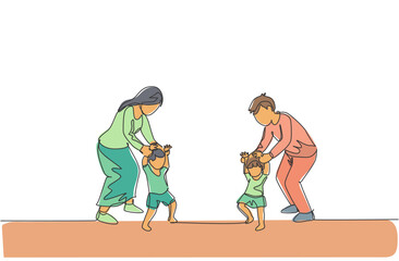 Wall Mural - One single line drawing of young parents teaching their twin kids to walk at home vector illustration. Happy family parenting concept. Modern continuous line draw design