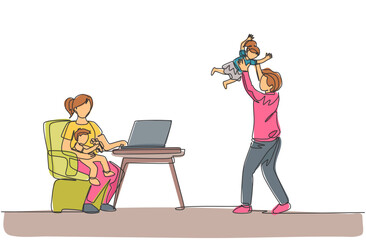 Poster - One continuous line drawing of young mother work typing on laptop and father playing with daughter at home. Happy family parenting concept. Dynamic single line draw design vector illustration