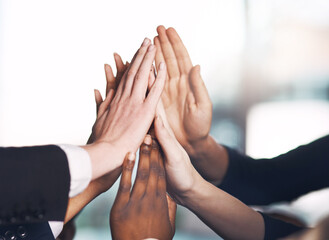 Aufkleber - Business people giving high five for motivation, unity, and support in a meeting together at work. Closeup of hands of colleagues and employees huddling to celebrate a success, victory or win