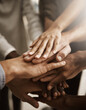 Hands, teamwork and support with a group or team of people showing togetherness, unity and solidarity in a gesture of working together, trust and collaboration. Closeup of cooperation and motivation