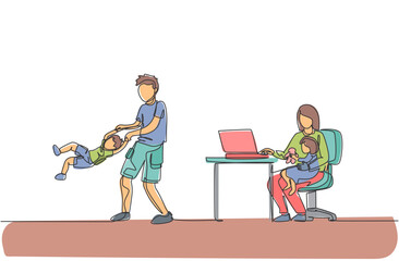 Poster - Single continuous line drawing of young mom work typing on laptop and dad playing with daughter at home. Happy family parenting concept. Trendy one line draw design vector illustration