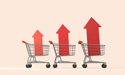 Wall Mural - Shopping cart trolly with red inflation arrow. Cost of living crisis. Price of food shopping. 3D Rendering