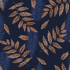 Wall Mural - Fern gold pattern. Tropical floral seamless pattern. Colorful tropic plants background. Repeat ornamental vector backdrop. Tropic decorative endless ornament.