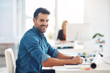 Sticker - Happy creative businessman working at his desk, doing admin and taking notes while in an office at work. Portrait of a cheerful, smiling and professional male with a positive attitude and expression