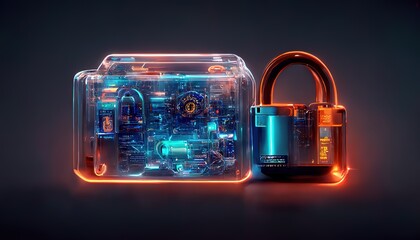 Fototapete - Padlock in the personal data security section, the concept of confidentiality of cyber data or information. Encryption machine, futuristic dashboard.