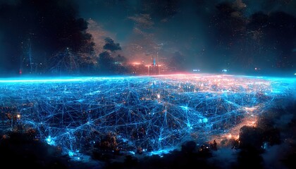Leinwandbilder - Communication technology for internet business, connection with speed line light. Big data structure. Wireless network concept and connectivity technology with urban background at night. 3d render