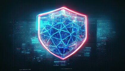 Poster - Neon technological shield, against background of the binary code of the template concept and structure of big data. Cyber security and information or network protection. Future technology. 3d render