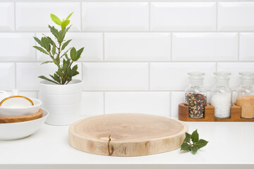 Wall Mural - wood pedestal on table in kitchen interior for product presentation