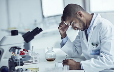 Aufkleber - Science, medical research and lab technician working on innovation, development and discovery of breakthrough technology in medicine. Serious scientist thinking about medication and treatment