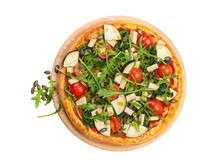 Vegetarian Pizza With Tofu, Eggplant, Tomatoes, Rocket Salad And Spinach Isolated With Transparent Background