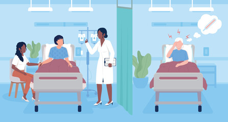 Poster - Doctor visiting patients at hospital flat color vector illustration. Healthcare service. Treatment process. Fully editable 2D simple cartoon characters with clinic ward on background
