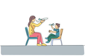 Wall Mural - One continuous line drawing of young mother and her daughter sitting on chair and playing airplane toy together at home. Happy family parenthood concept. Single line draw design vector illustration