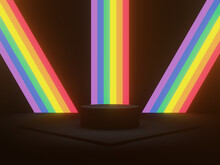 3D Rendered Black Geometric Background With LGBTQ Rainbow Neon Lights.