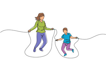 Wall Mural - One continuous line drawing of young mother and his son train jumping with skipping rope at park near home. Happy family parenting concept. Dynamic single line draw graphic design vector illustration