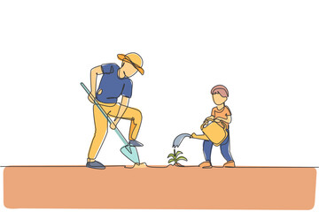 Wall Mural - Single continuous line drawing young dad digging ground using shovel and son watering a plant at home garden . Happy family parenthood concept. Trendy one line graphic draw design vector illustration