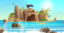 Rocky Island With Pirate Flag And Palm Trees In The Ocean. Bottle With Paper Message In It. Cartoon Vector Illustration