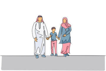 Wall Mural - Single continuous line drawing of young Arabian mother and father walk together and hold their boy son's hand. Islamic Muslim happy family parenting concept. One line draw design vector illustration