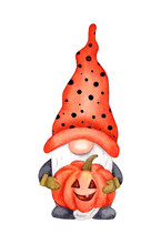 Watercolor Halloween Gnome In A Hat And With A Pumpkin.