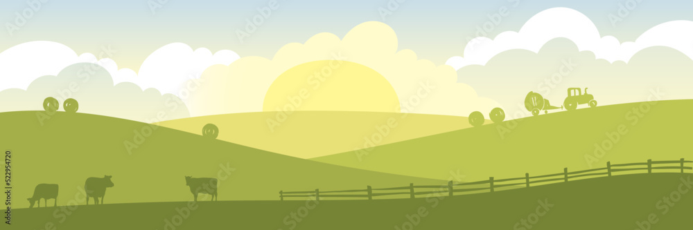 Abstract rural landscape with cows and tractor. Vector illustration ...