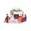 Happy grandmother and man at fireplace at Christmas. Adult son and senior elderly mother, granny by Xmas fireside at home on winter holidays. Flat vector illustration isolated on white background